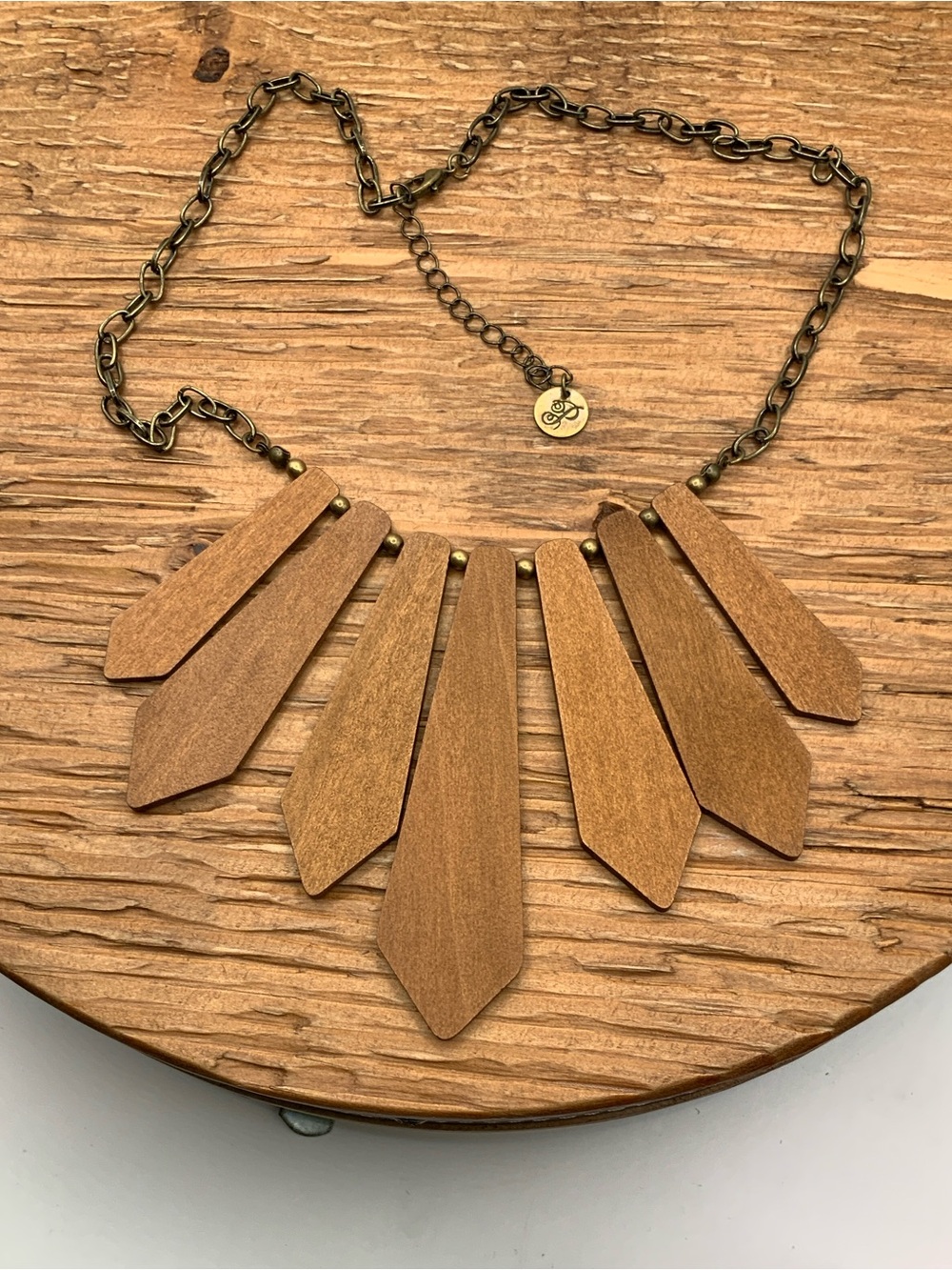 Plunder Design Brown Wooden Fan Pendant Bronzed Tone Chain Necklace
